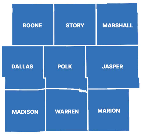 Map of Story, Polk, Dallas, Boone, Jasper, Madison, Warren, Marion and Marshall counties in Iowa